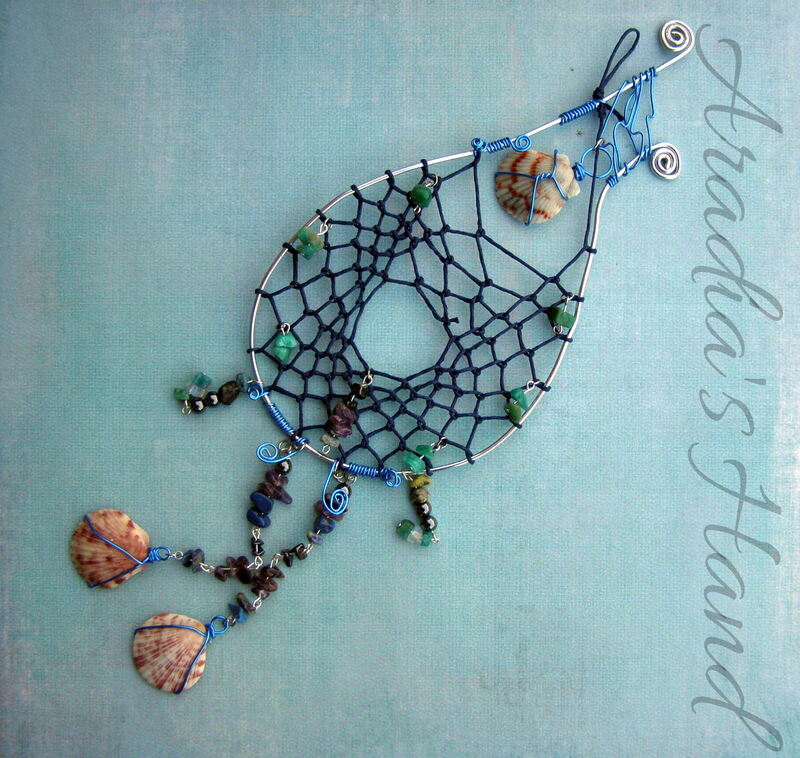 Water element themed dreamcatcher with blue wire, sea shells, amazonite, sodalite, amethyst, and hematite