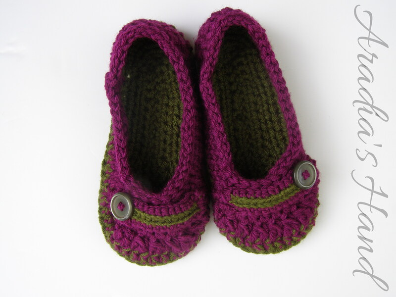 Pink and green crochet house slippers with vintage buttons