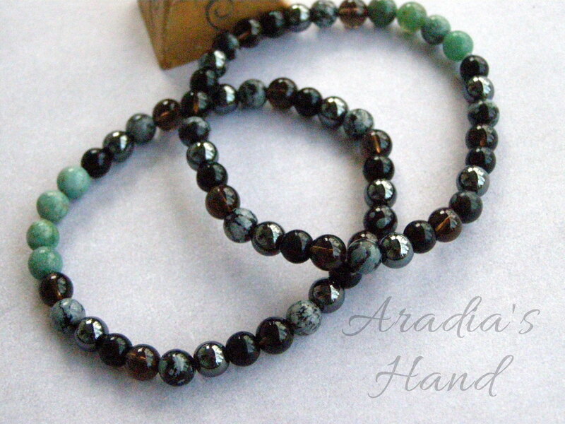 Beaded African jade, black obsidian, hematite, snowflake obsidian, & smoky quartz stretchy bracelets