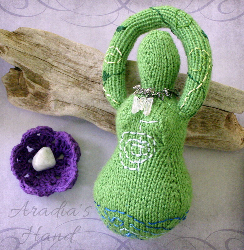 Green hand knit embroidered goddess doll to inspire creativity