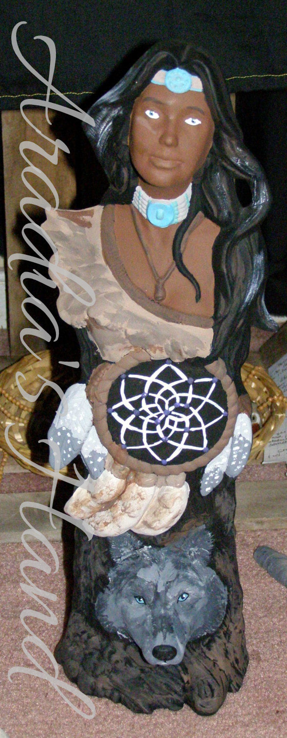 Hand painted Native American girl dream catcher wolf totem ceramic statue