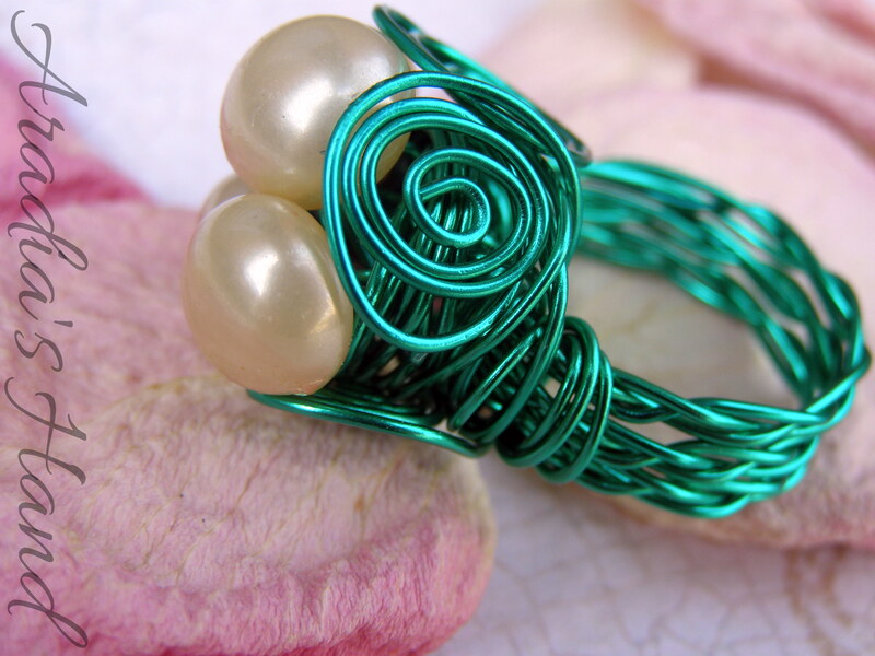Vintage pearl button one of a kind braided swirl wire wrap ring