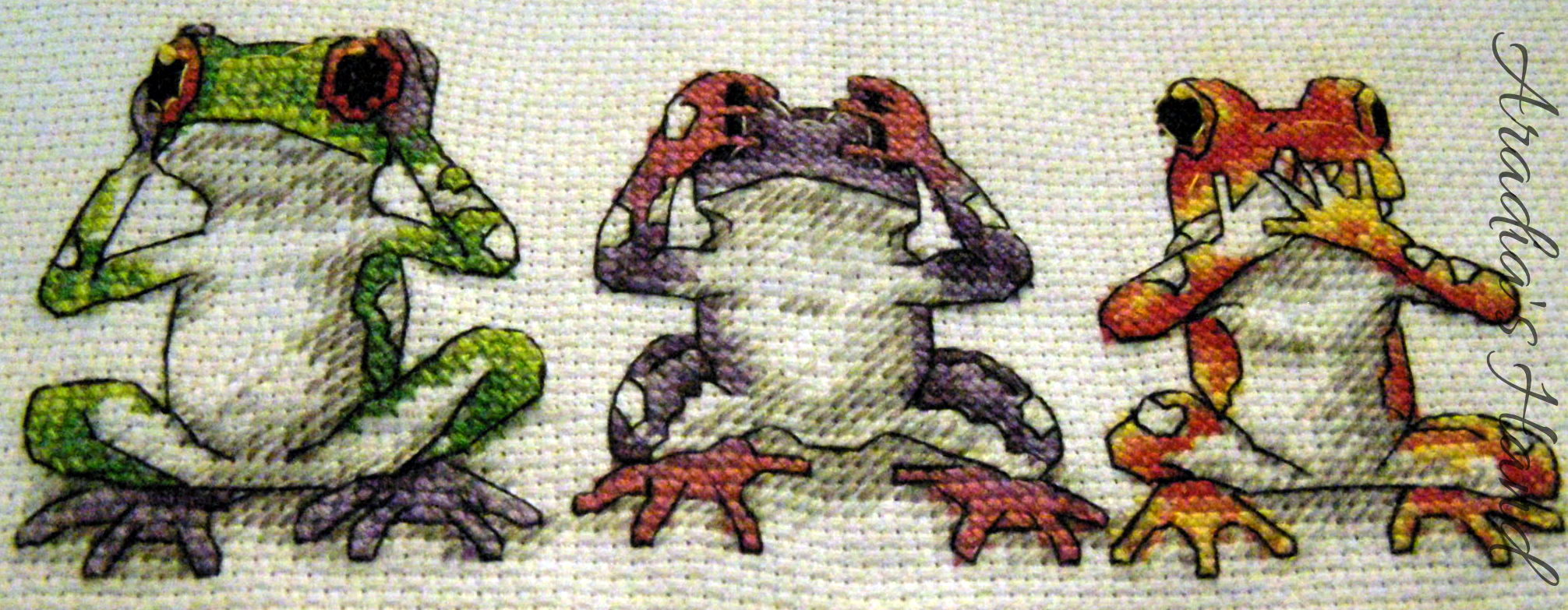 Cross stitched hear no evil see no evil speak no evil tree frogs